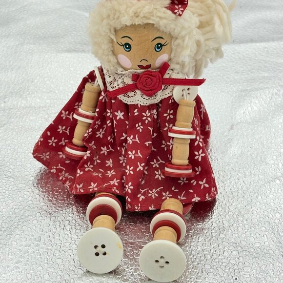 VTG Handcrafted Wooden Rag Doll With Red Floral Dress & Yarn Hair Button Legs 7" - Picture 7 of 11
